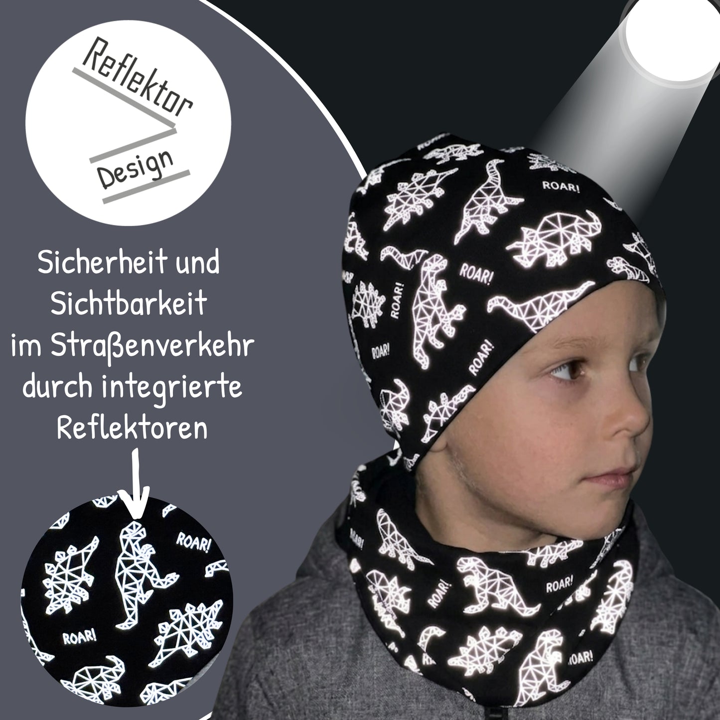 Kinder Reflektor Mütze & Loop Dinosaurier