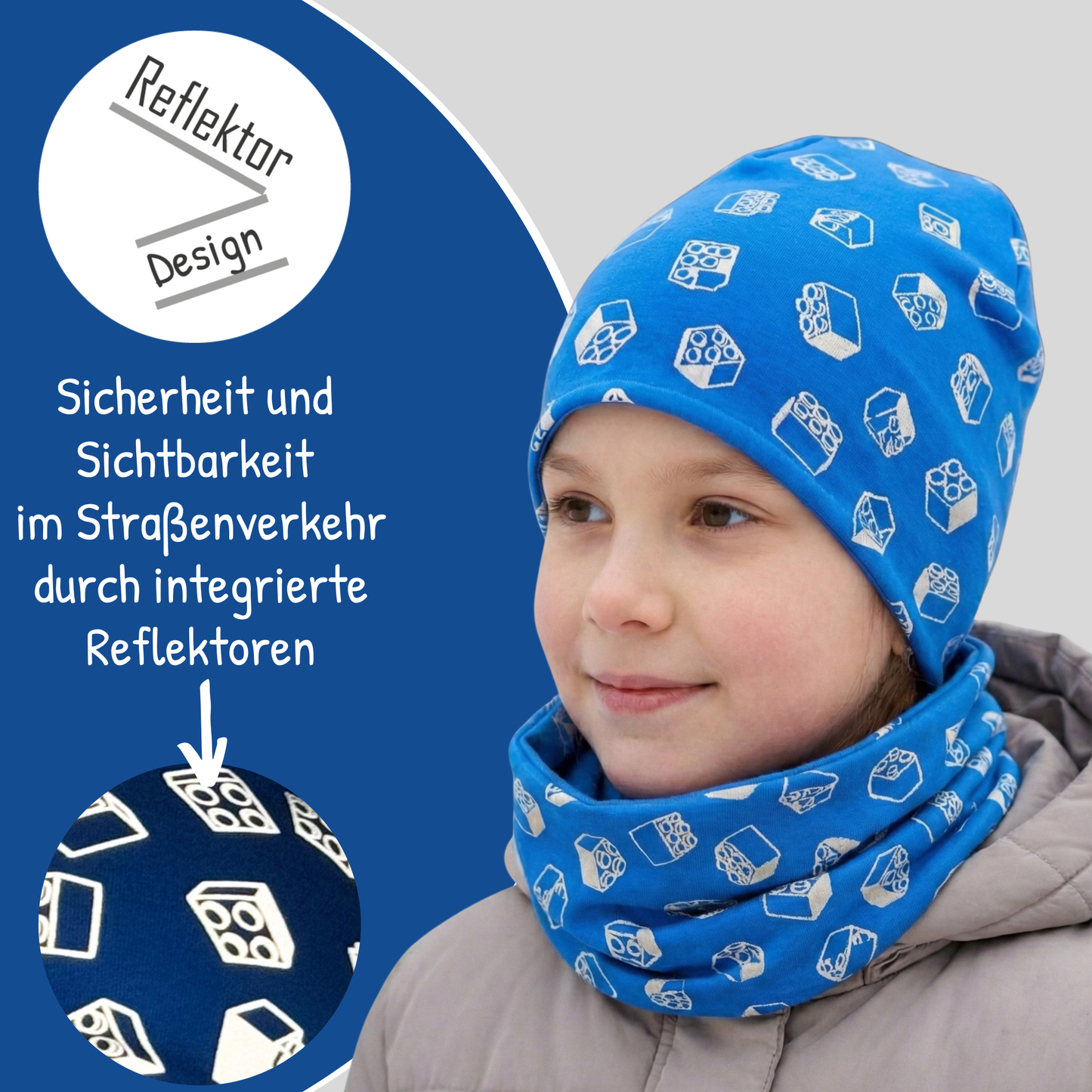 Reflektor Kinder Beanie Mütze & Loop - Bausteine